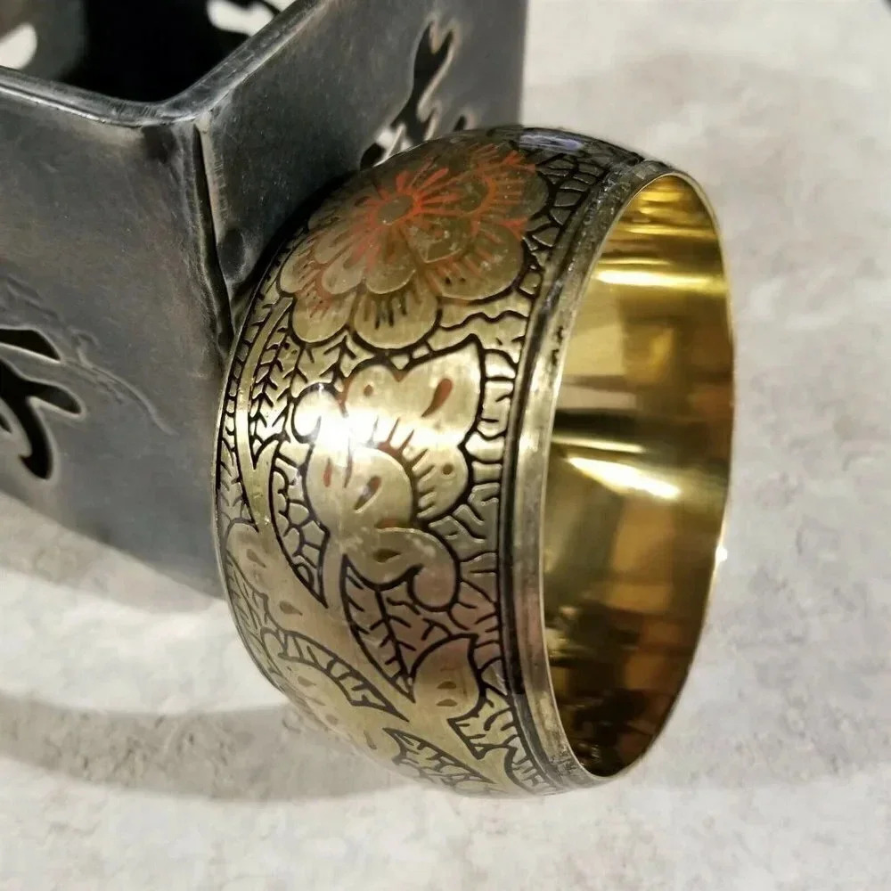 India Raw Brass Carved Lotus Flower Bangle Bracelet Black Red Muted Accents